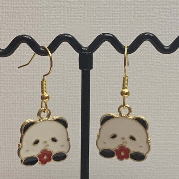 Panda Earring, Panda Bear Jewelry, Gift, Panda Jewelry, Flower Earring, Flower - Picture 2 of 8